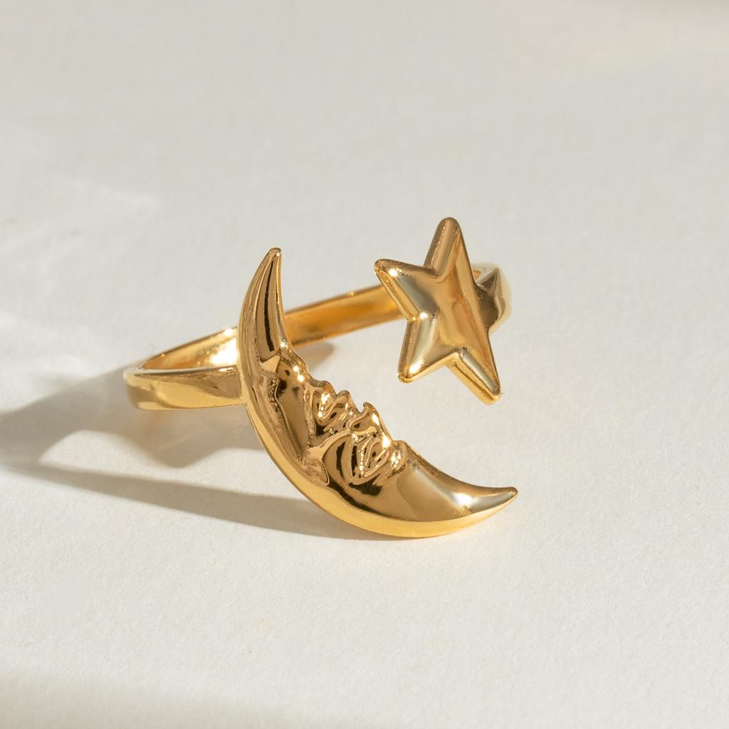Yori 2025 Minimalist Stainless Steel Star Moon Open Ring 18K Gold Plated Thin Finger Jewelry Basic Style Wholesale