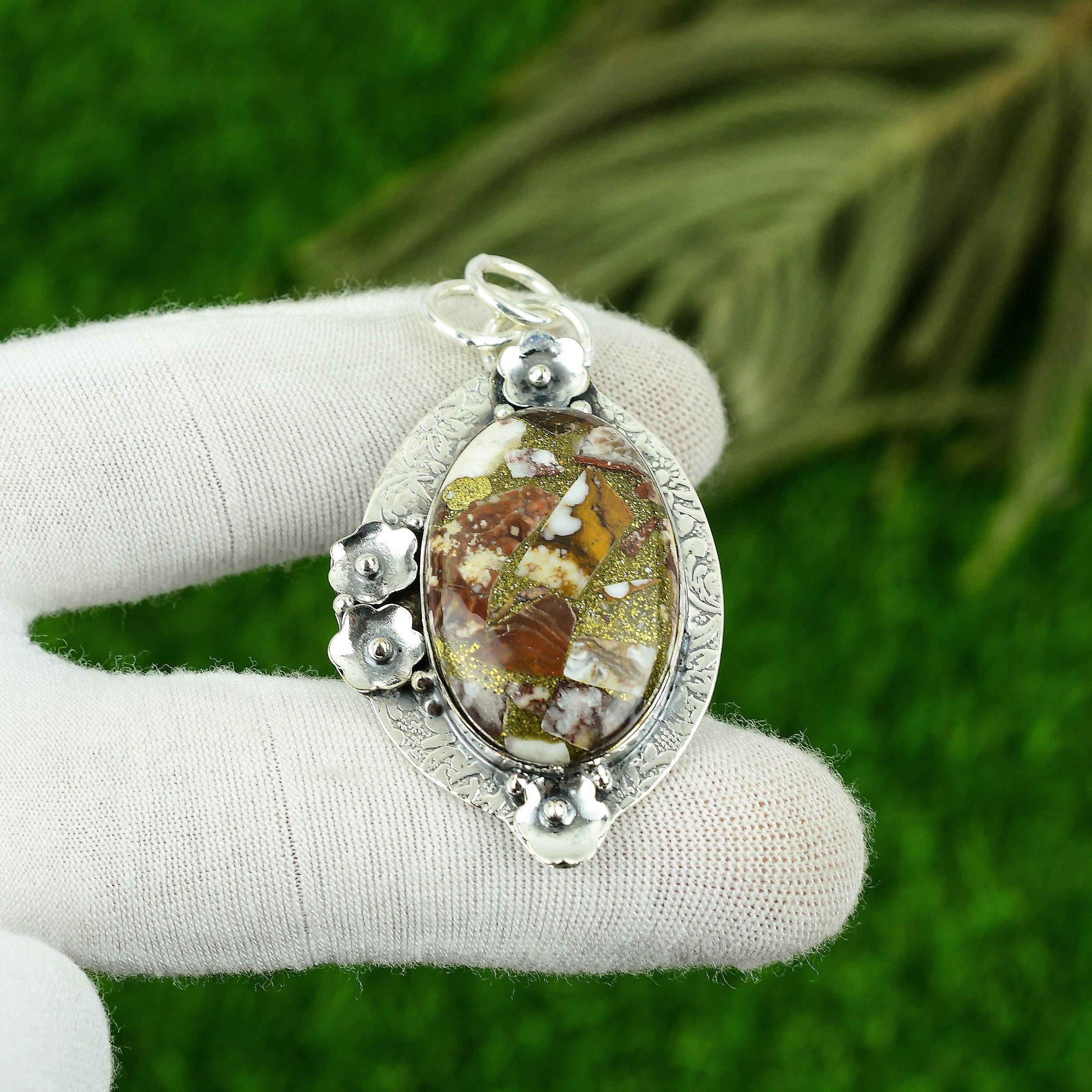 

Подарок для нее Подвеска из натурального медного кокосового яшмового драгоценного камня из стерлингового серебра 925 пробы