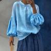 Dam Skjorta Rund Hals Puff Långa Ärmar Asymmetrisk Fåll Sidoknappar Lös Passform Casual Sommar Toppar Daglig Användning