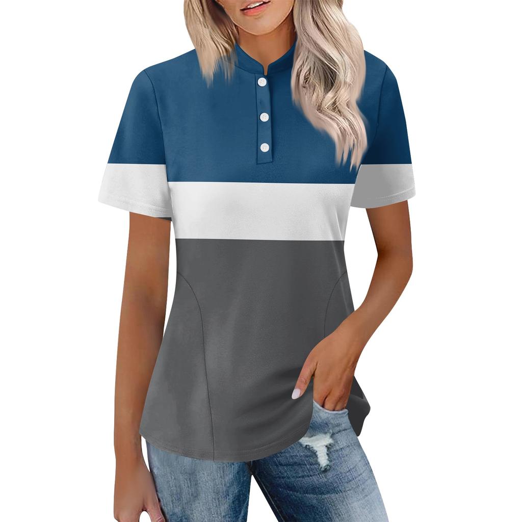 Women Casual Polo Neck Short Sleeve Loose Fit Top Fashionable Pullover Blouse with Button Up Design for Daily Wear