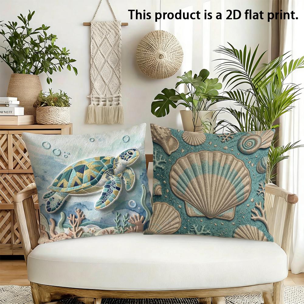 1/4pcs Ocean-themed Decorative Pillow Covers Sofa Bed Cushion Cover Home Bedroom Decoration, 2D Flat Printing