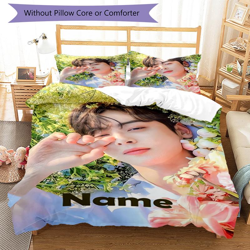 3pcs Custom Name Cha Eun woo Bedding Set Duvet Cover Closure Includes 1 Duvet Cover & 2 Pillowcases, Soft and Comfortable for All Seasons.