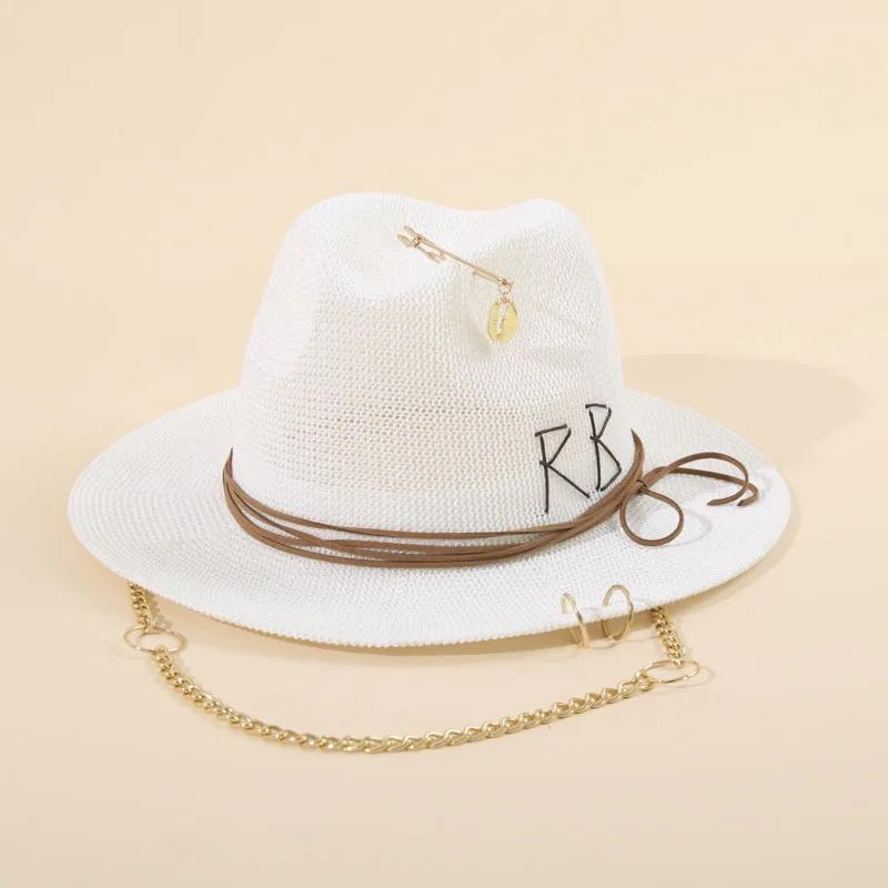 

Hot sales Fashionable Metal RB Letter Straw Hats for Women Men Summer Outdoor Holidays Beach Sun Hat Panama Hat 56-58CM