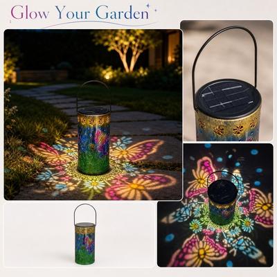 Solar Powered Outdoor Garden Lantern Decorative Hanging Light Metal Frame Butterfly Floral Pattern Patio Yard Ambient Lighting