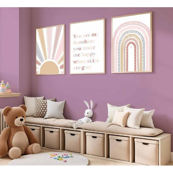 3 Pcs Boho Nursery Canvas Wall Art Pink Sweet Rainbow You Are My Sunshine Painting Pictures Wall Decor Poster Print Artwork For Kids Room Girls