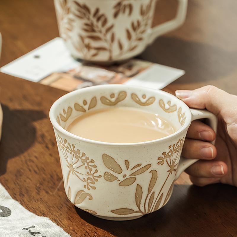 350ML Ceramic Mug Large Coffee Cup Tea Mug Home Office Water Cup Big Breakfast Milk Juice Cup Leaf Pattern Porcelain Drinkware