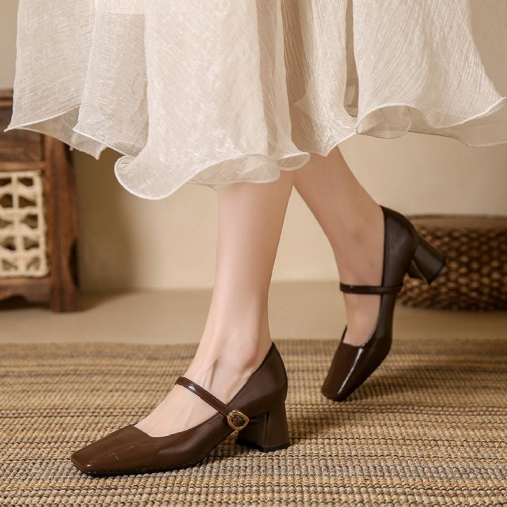 Fashion Mary Jane Shoes Vintage Mary Jane Leather Shoes with Light Mouth Single Shoes Women's Square Head Thick Heel High Heels