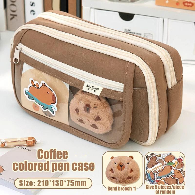 Large Capacity Pencil Bag Capybara Cartoon Stationery Holder Bag With Brooches Stickers Clips Keychains Children Pen Case