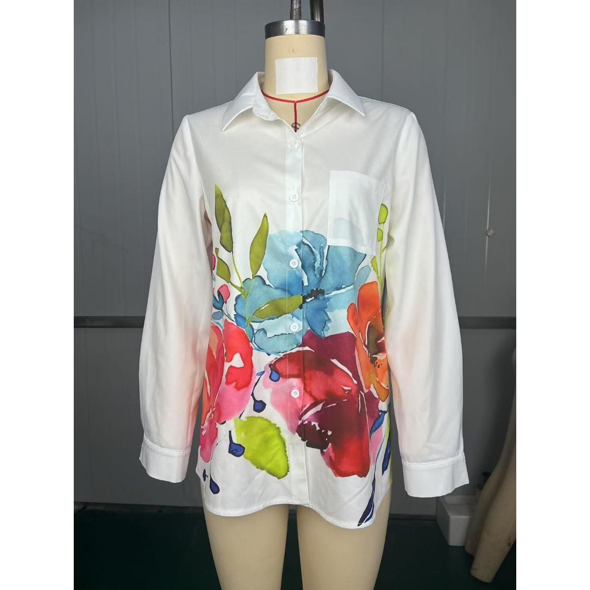 

Элегантный кардиган с цветочным принтом и карманом, повседневная рубашка XL белый