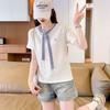 Navava Women Seersucker STripe Ribbon Neck ShorT Sleeve T shirT nT2728