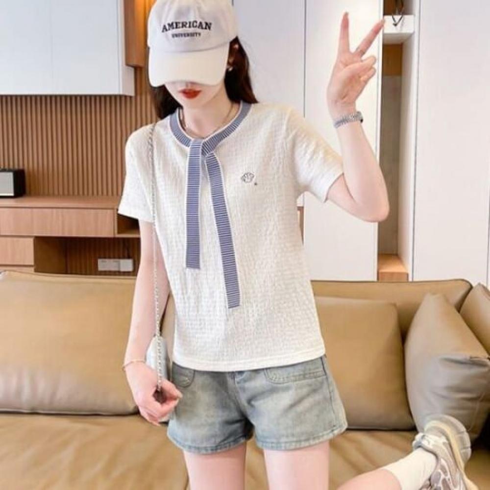 Navava Women Seersucker STripe Ribbon Neck ShorT Sleeve T shirT nT2728
