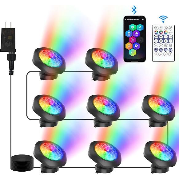 RGBW Pond Lights with Timer, 18 LED Super Bright Underwater Submersible Fountain Lights Color Changing Spotlights, Remote Control IP68 Waterproof for