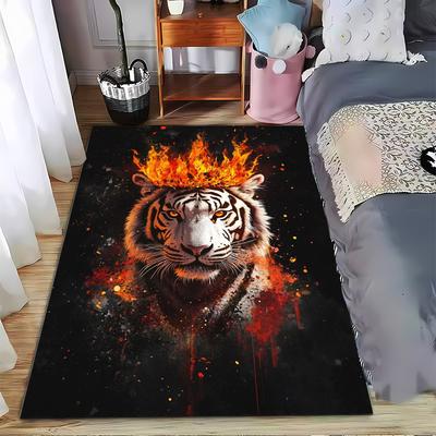 Fiery Tiger with Crown Design Carpet, Bold Black and Orange Decor Suitable for Use As an Anti-slip for Living Room Bedroom Sofas
