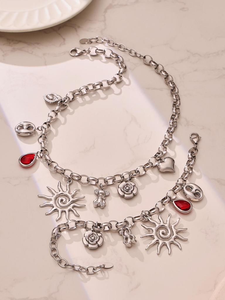 Spiral Sun & Bear Zirconia Multi-Pendant Necklace & Bracelet Set