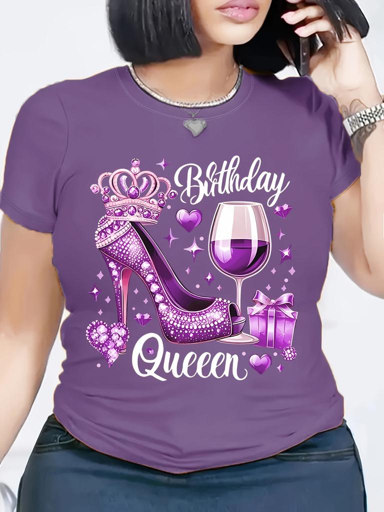 Red Birthday Queen Women's High Heels and Crown Wine Glass Pattern Tshirt Casual Short Sleeve Round Neck T-shirt Machine Wash