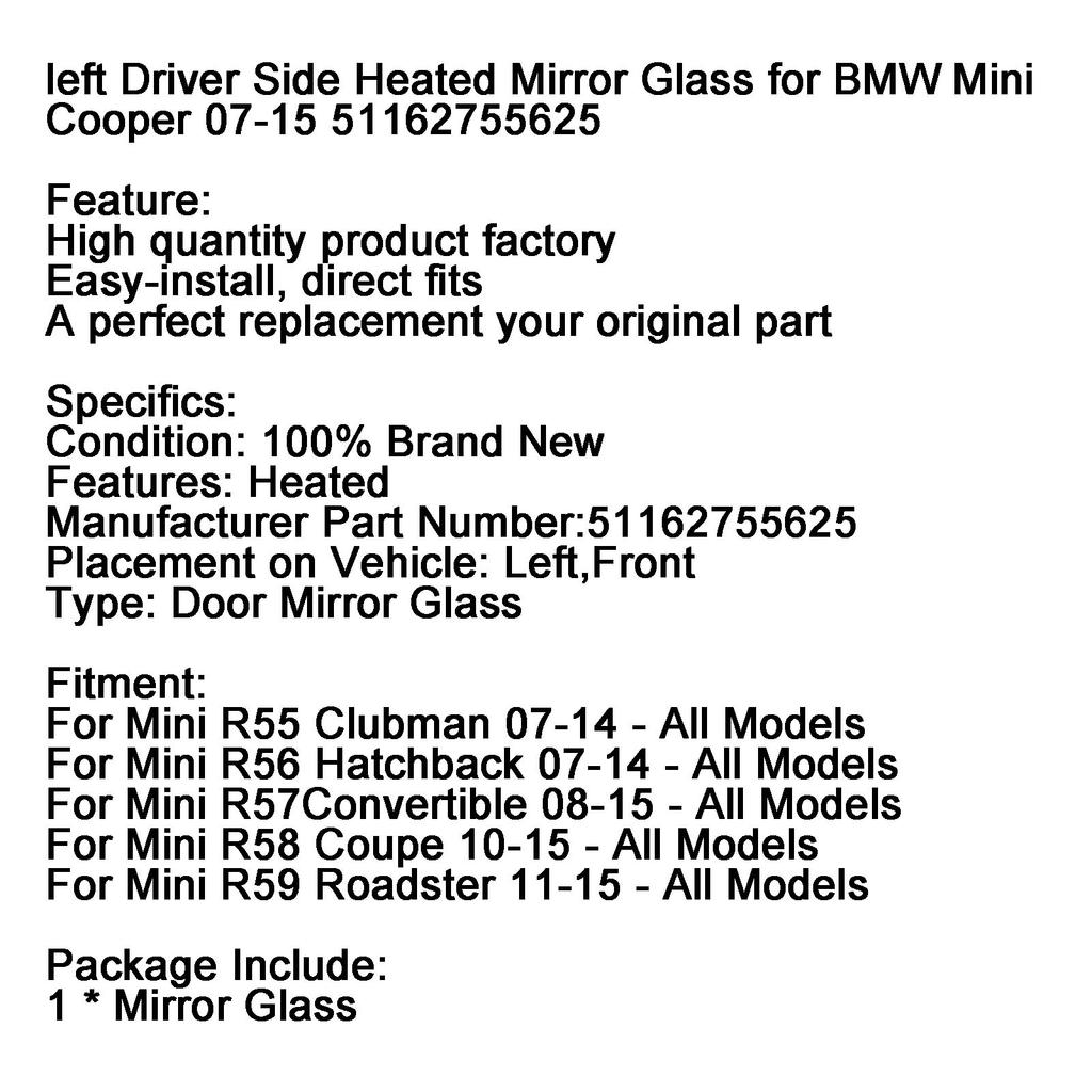 Left Driver Side Heated Mirror Glass for BMW Mini Cooper 07-15 51162755625