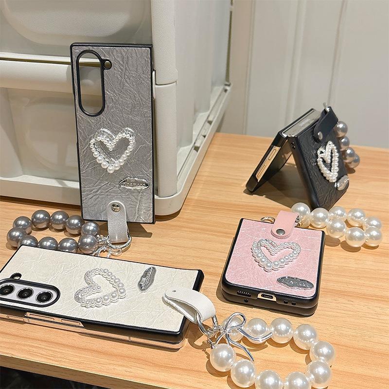 Pearl Water Diamond Love Phone Case for Samsung ZFold6 Flip Fold Flip 4 Handchain P50pocket