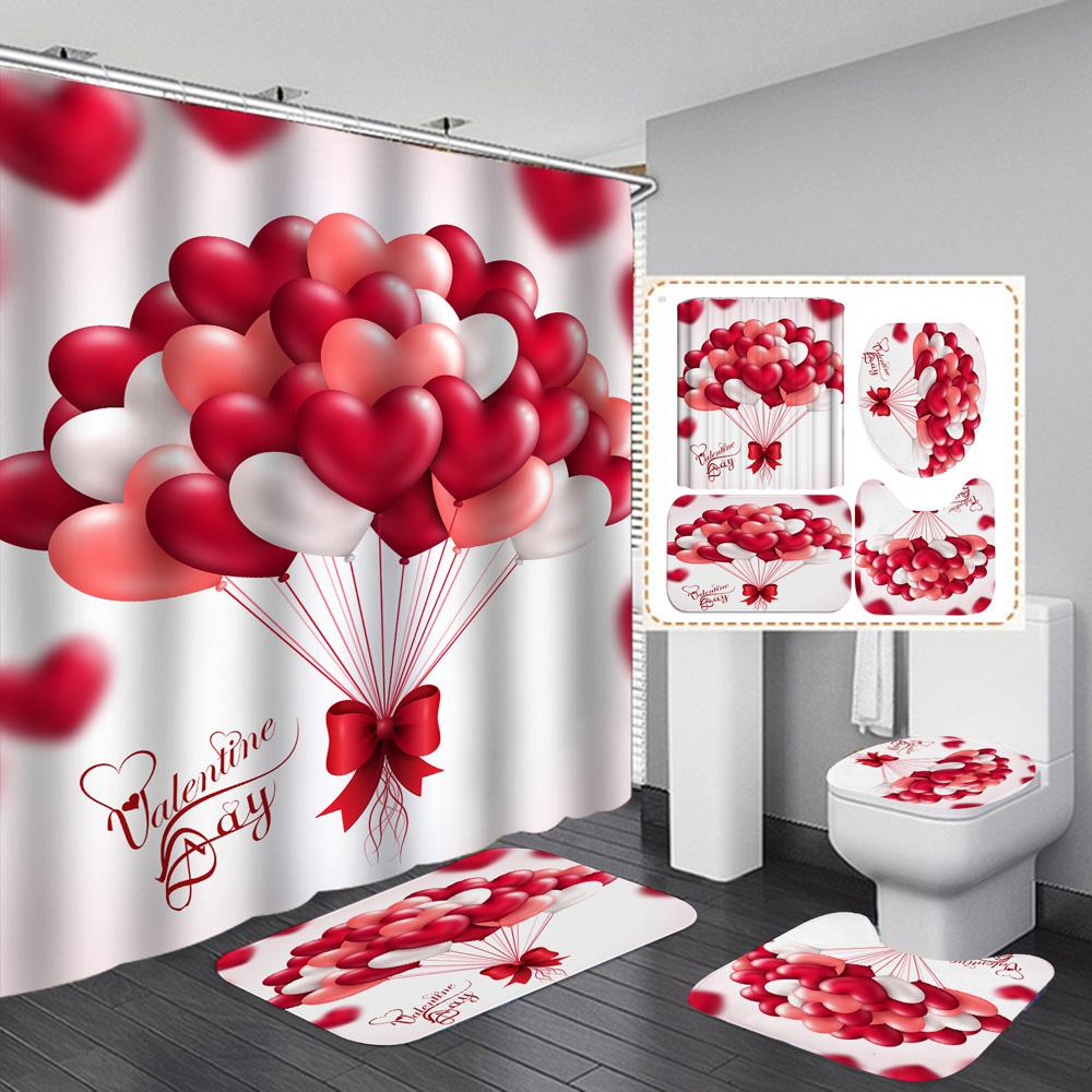 1 Set Waterproof Shower Curtain Romantic Valentine'S Day Heart Rose Bathroom Curtain Set Shower With 12Pcs Plastic Hooks