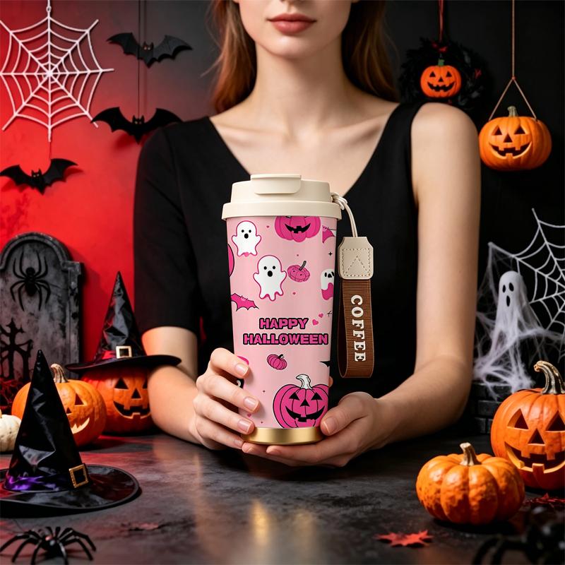532ml Coffee Cup Halloween Pumpkin Ghost Bat MotifCar Portable Cup Metal Travel Cup Commuter Coffee Cup 532ml Coffee Cup