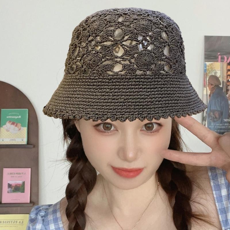 Crochet Floral Bucket Hat for Woman Teenagers Outdoor Foldable Commute Fisherman Hat Wide Brim Summer Sunproof Hat