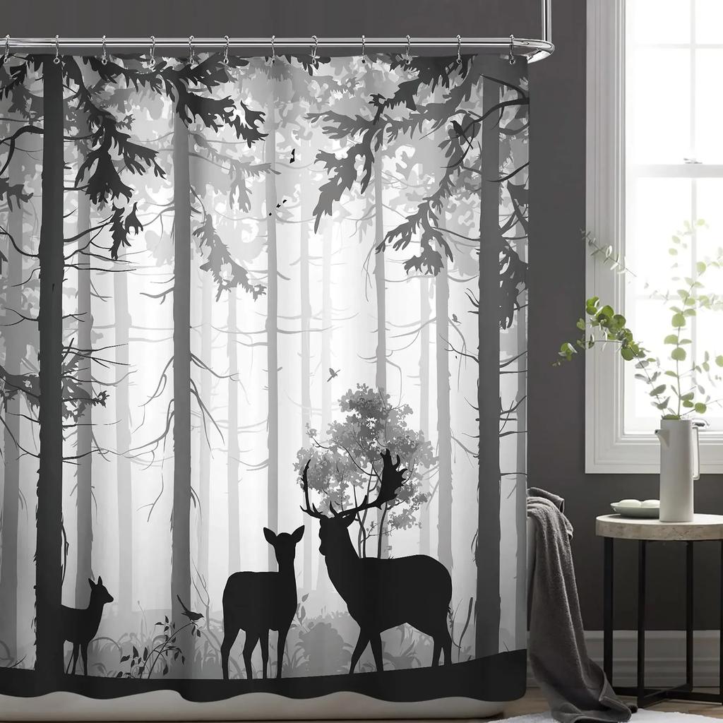 Cortina de ducha de ciervo Silueta de animal colorida Elementos navideños Tablones de madera Tema Tela Tejido Juego de decoración de baño con ganchos