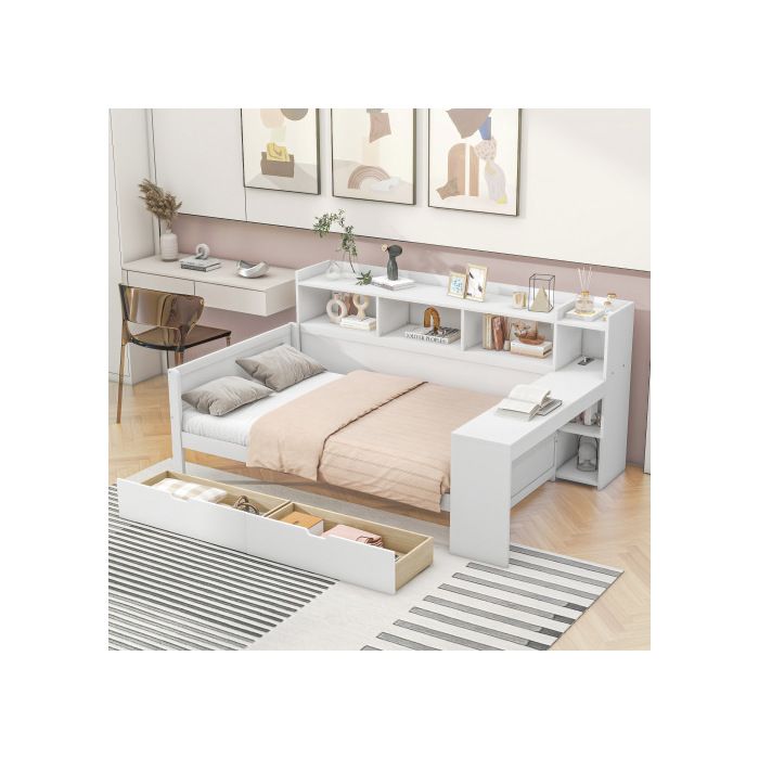 Canapé-lit - MUVOE - 90 X 200 Cm - Blanc - Prise USB - 2 Tiroirs De Rangement