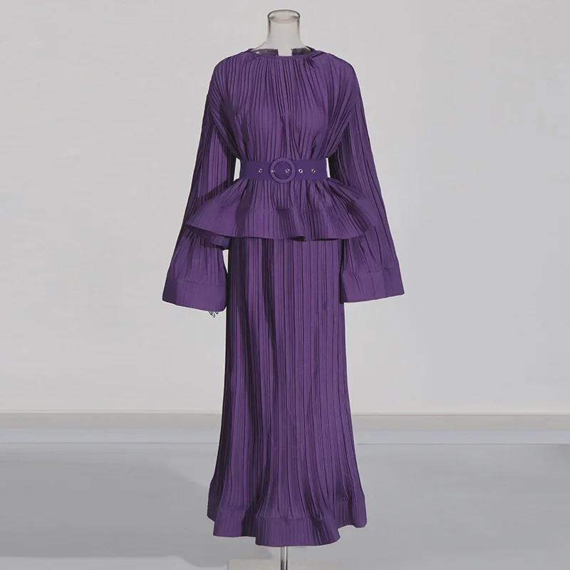 

Французский повседневный костюм-двойка 2025 года: Топ с оборками и юбка с высокой талией XL фиолетовый