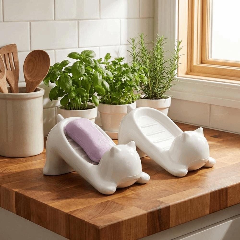 Self Draining Plastic Soap Dish Cat Shaped Bathroom Soap Holder Soap Sponge Tray  Household