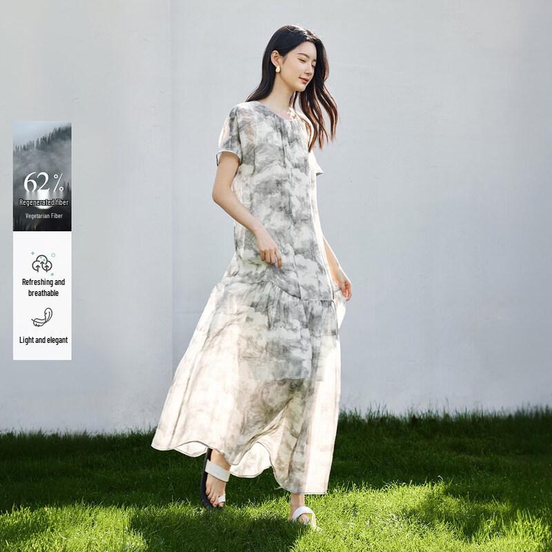 IHIMI Women s Elegant Ink Wash Print A-Line Midi Dress L