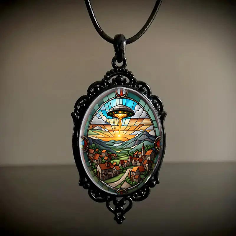 

Vintage Style Pendant Necklace Oval Frame Art Glass Cabochon Scenic Design Adjustable Cord Chain Jewelry Accessory for Everyday Wear One Size