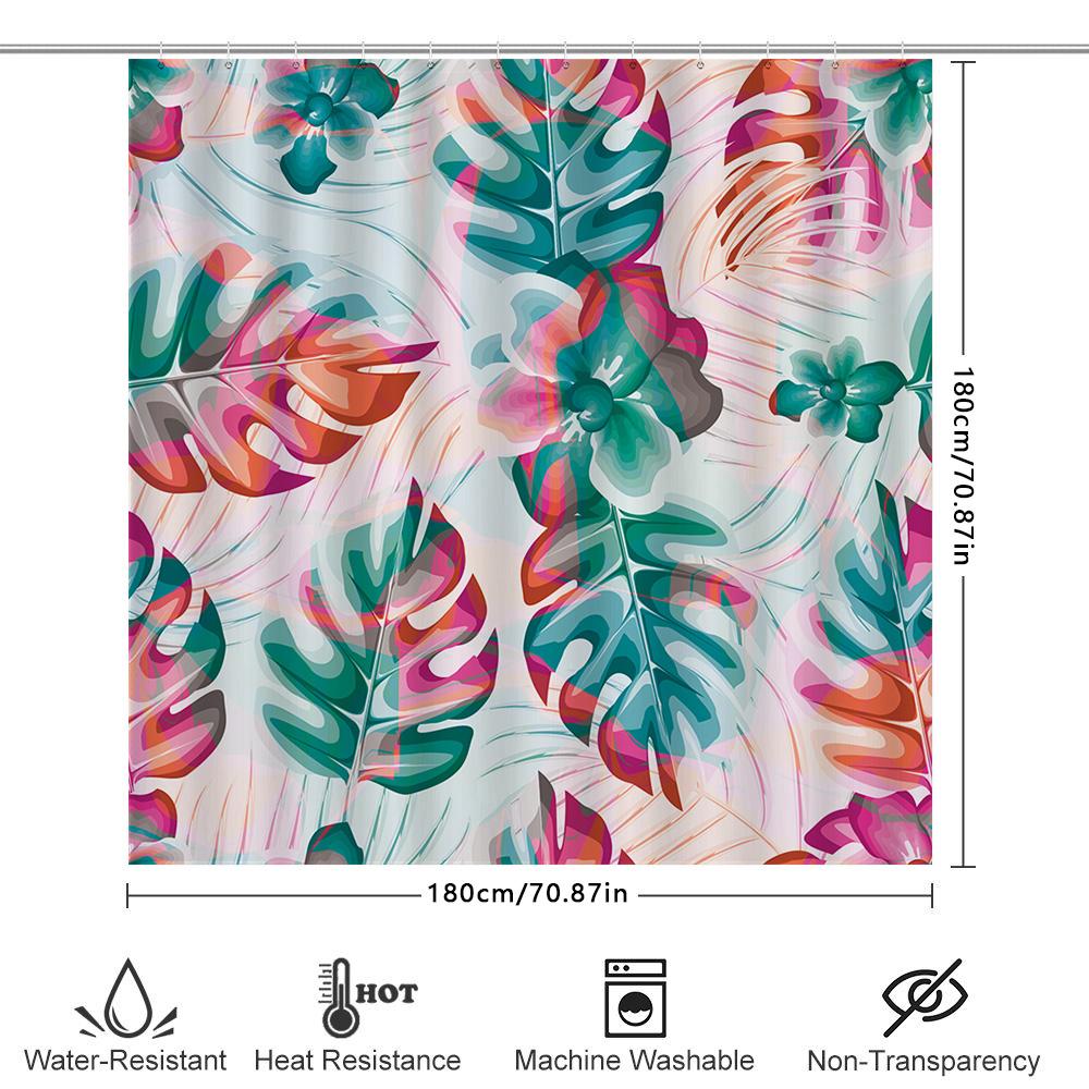 Summer Greenery Shower Curtain Fabric Print Home Decoration Waterproof Bathroom Rug Floral Leaf Pattern, Pink Blue White Orange