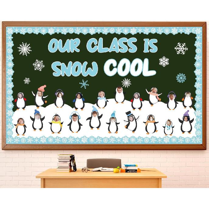 Набор зимних украшений для доски объявлений Зимнее украшение для доски объявлений Вырезалки из бумаги Pengu Рамки для классной доски Вырезки снежинок Праздничный класс