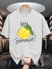 Unisex Crew Neck Tee Hey Summer Lemon Fruit Hand Drawn Print Soft Cotton Loose Short Sleeve Summer Casual Male Streetwear Tops