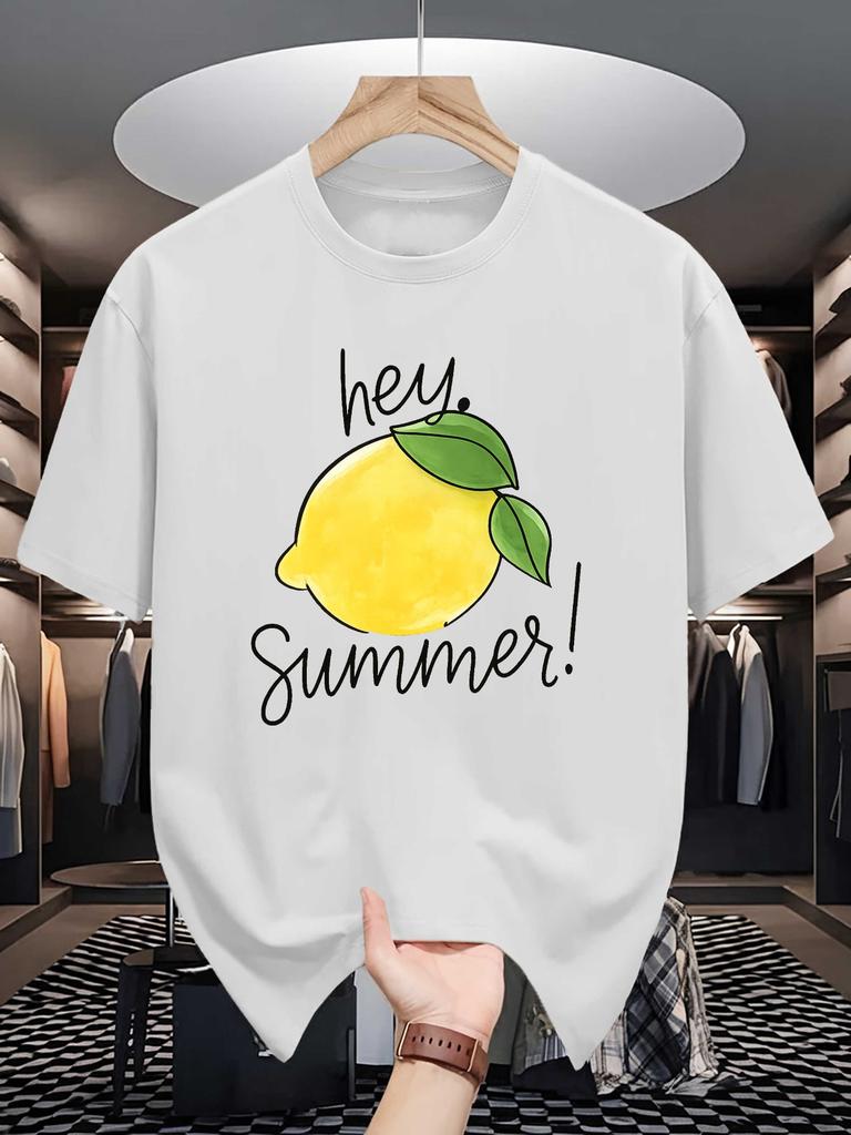 Unisex Crew Neck Tee Hey Summer Lemon Fruit Hand Drawn Print Soft Cotton Loose Short Sleeve Summer Casual Male Streetwear Tops