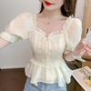 Chiffon Shirt Short Sleeve New Women's Niche and Unique Waist-hugging Top