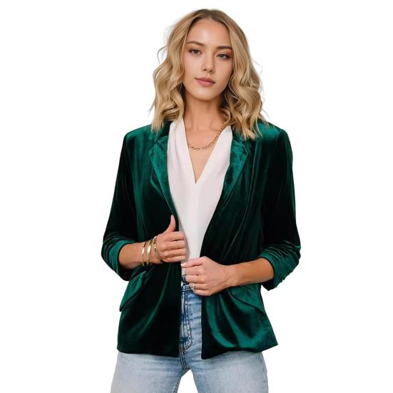 Women's Velvet Blazer Ruched 45720 Sleeve Lapel Open Front Cardigan