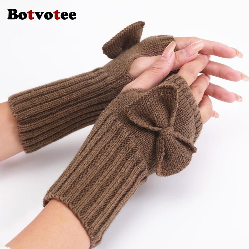 Botvotee Bow Arm Warmers Y2k Accessories Sleeves for Women Burgundy Sleeves Warm Winter Knit Soft Arm Guard Fingerless Gloves