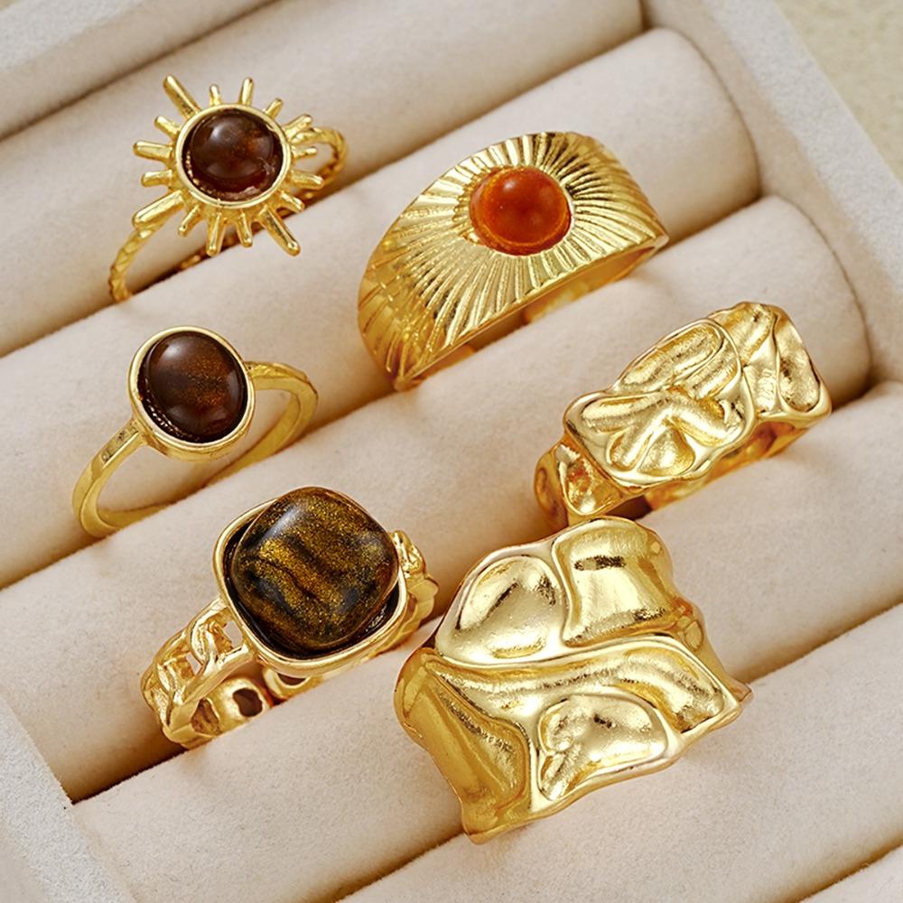 6pcs Set Trendy Retro Maillard Tiger Eye Stone Gold Color Irregular Liquid Metal Opening Ring for Women Personality Jewelry Sets