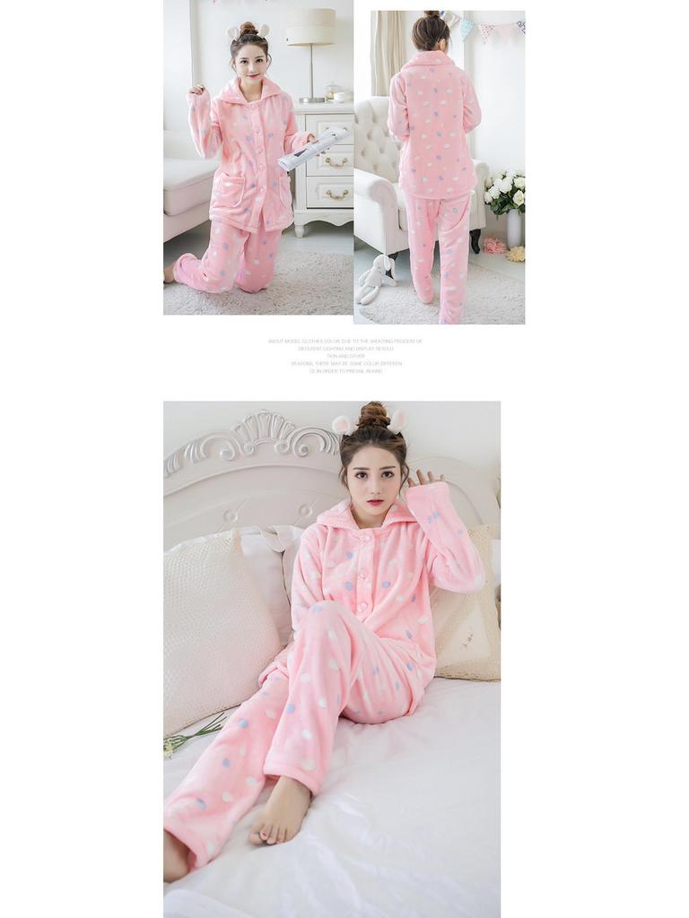 Women's Coral Fleece Pajamas: Warm, Thick Cardigan Lapel Homewear Set for Autumn and Winter
