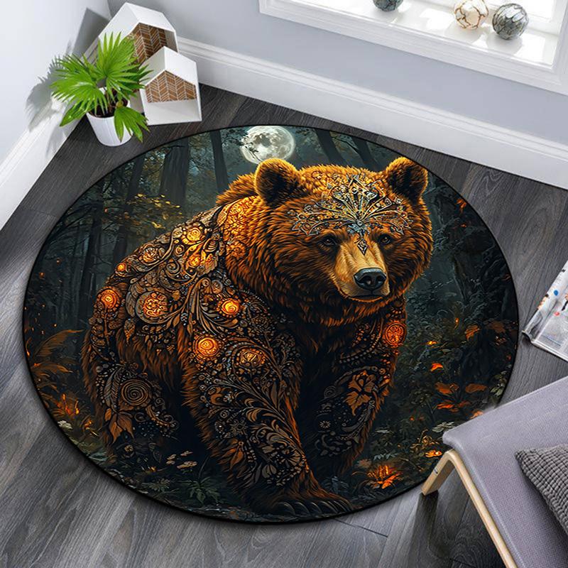 Golden Bear Round Area Rug,Carpet Rug for Living Room Bedroom Sofa Playroom Decor,Non-slip Floor Mat