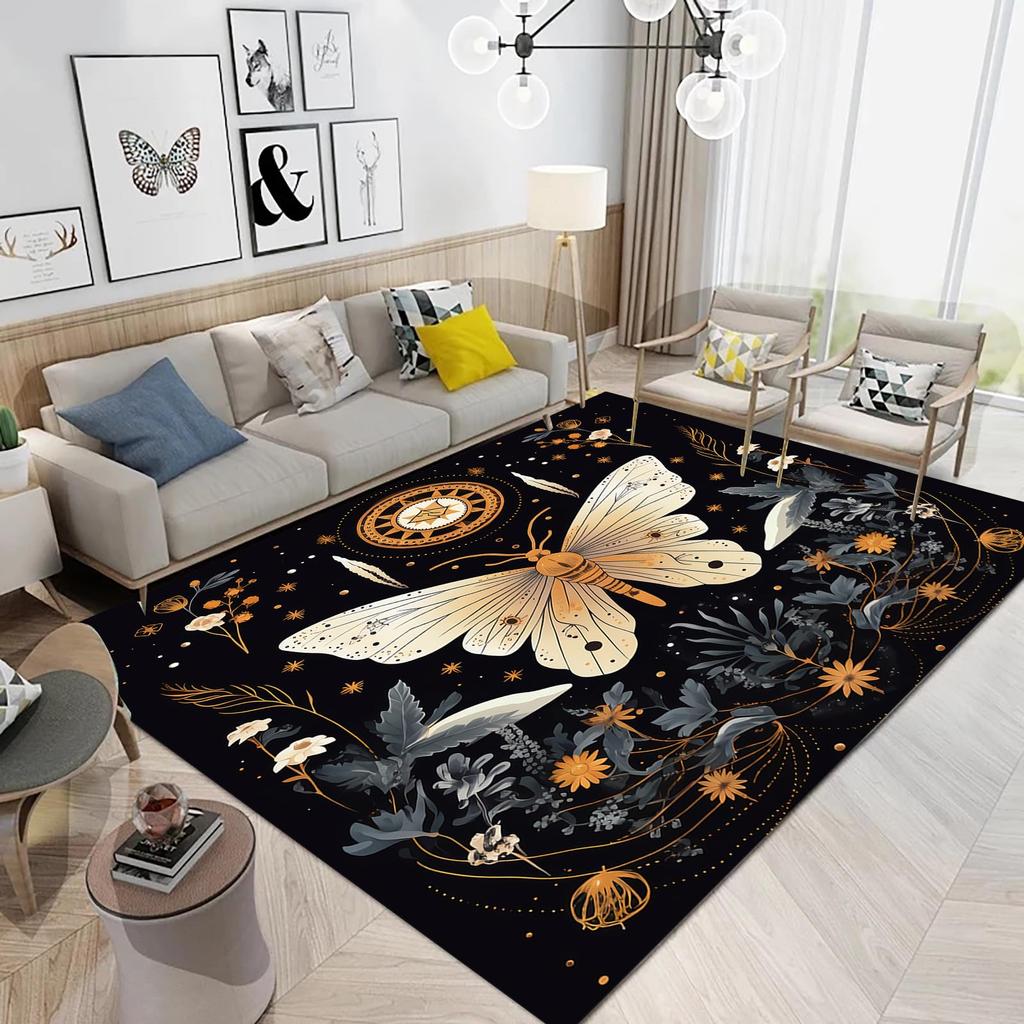 Butterfly Area Rug for Living Room Bedside, Gothic Moth Doormat Astrology Style Carpet Boho Exotic Starry Sky Indoor Floor Mat