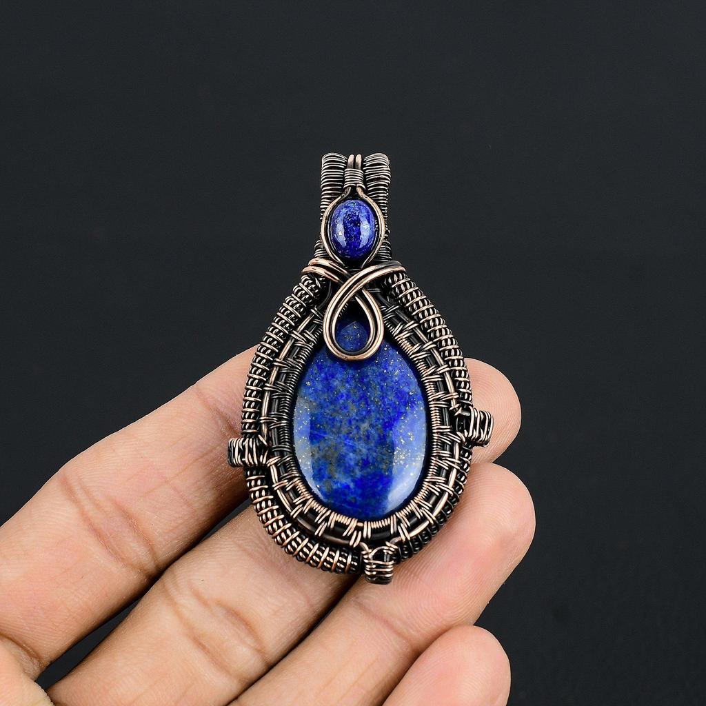 Lapislazuli Anhänger Handgefertigter Edelsteinschmuck, 999 Kupferdraht gewickelter Anhänger, Schmuckanhänger mit einzigartigem Design
