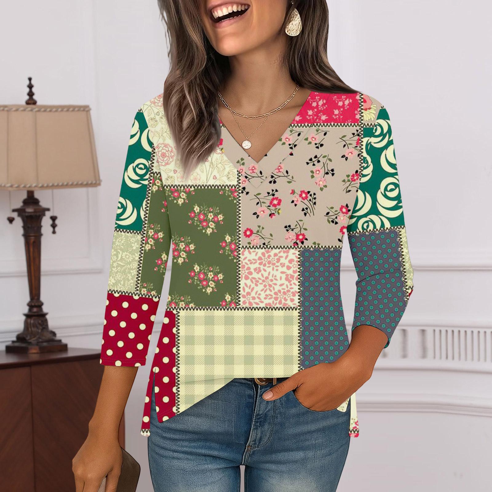 

Рубашки с рукавом 3/4 для женщин, футболки с принтом, блузки, повседневные базовые топы больших размеров, пуловеры L красный