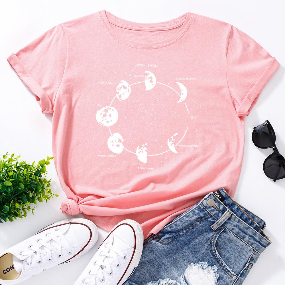 Space Secret Print Loose Round Neck Short Sleeved Pure Cotton Women's T-shirts