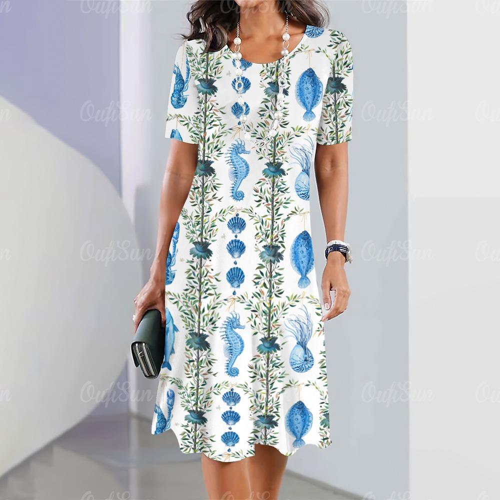 Summer New Women's Dress, Ocean Animal Print Holiday Dress, Beach Midi Dress, Femle Fashionable Oversized Clothing, Turtle