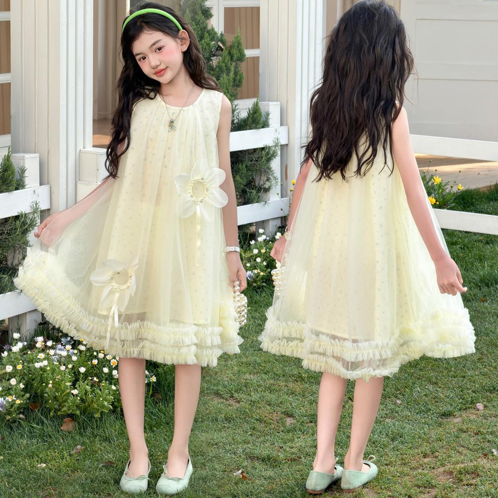 Girls' Summer Sweet Flower Dress Yarn Skirt 2026 New Mid To Large Girls' Princess Skirt Medium To Long Tank Top Skirt