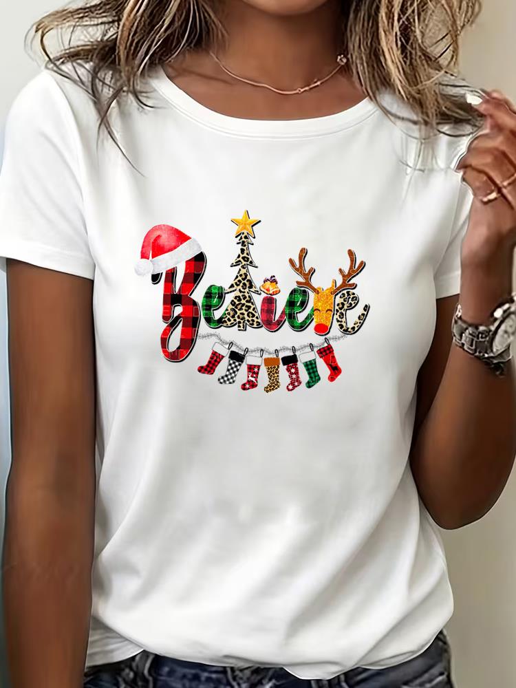 (Asian Size) cute style Tee Top Print New Year Clothing T Shirt Women Fashion Christmas Festival Female Woman Short Sleeve Graphic T-shirts