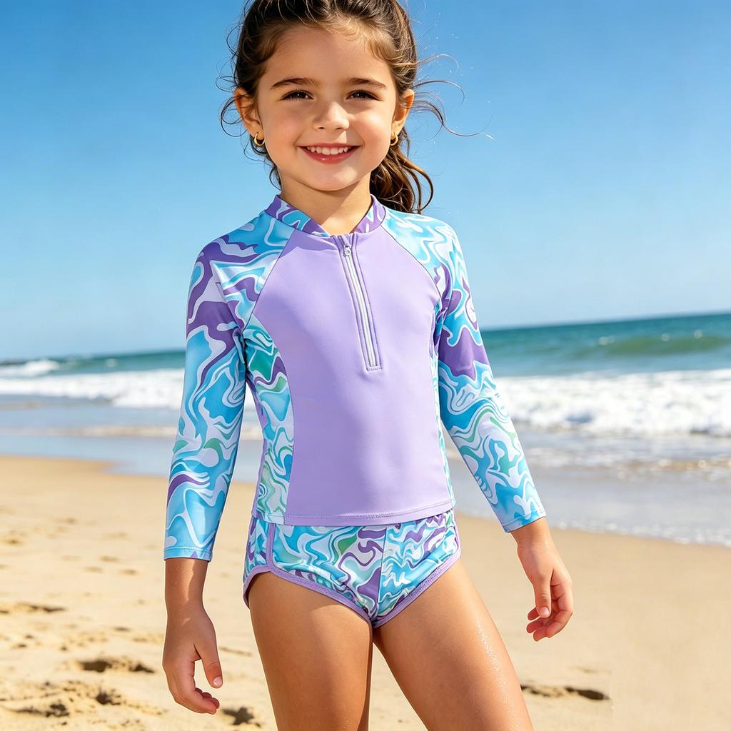 Dívčí Rash Guard Plavky Set Dlouhý Rukáv Zip Vpředu Horní Díl s Tropickým Potiskem a Pasové Plavky Dvoudílné Plavky pro Děti