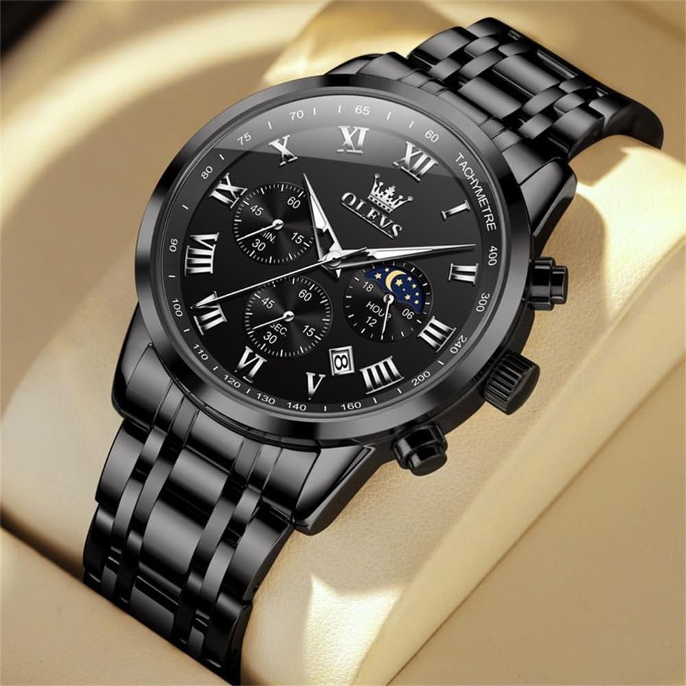 OLEVS Men's Black Analog Quartz Watch 30M Water Resistant Stainless Steel Chronograph Date Large Dial Moonwatch