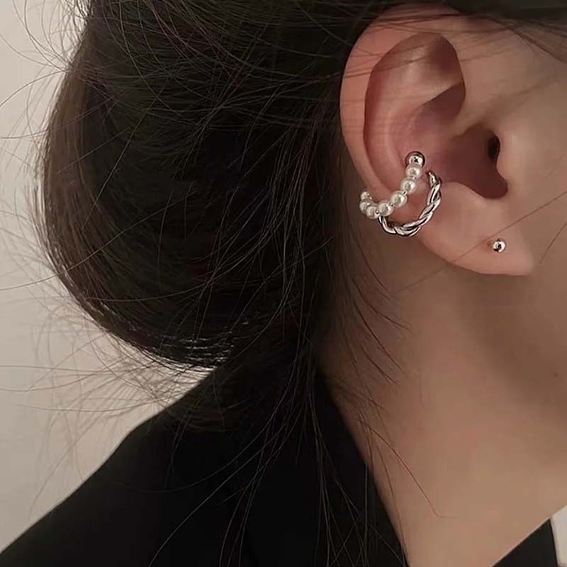 New Korean Gold Double Circle Twist Pearl Ear Cuff Vintage Geometric Circle Earcuff Fake Piercing Pearls Clip on Earings